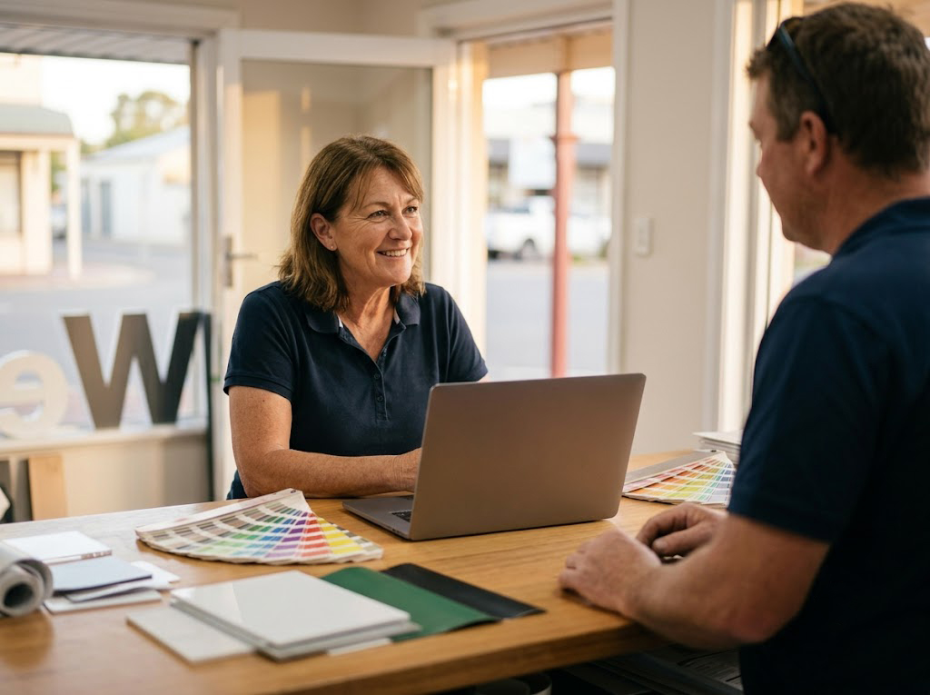 Talking a customer through colours and samples at the shop counter